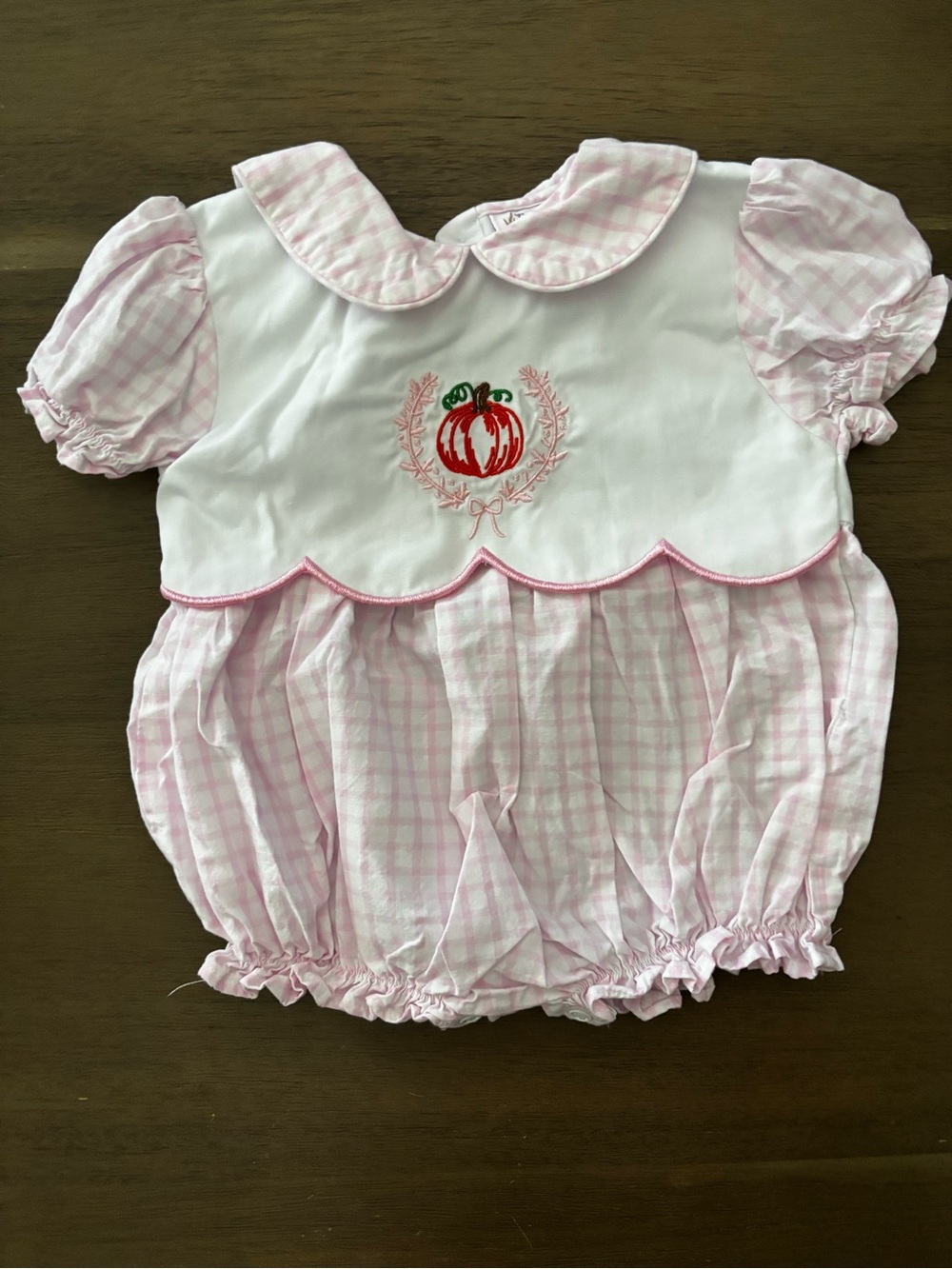 Pink Gingham Pumpkin Embroidered Bubble One-Piece for Kids